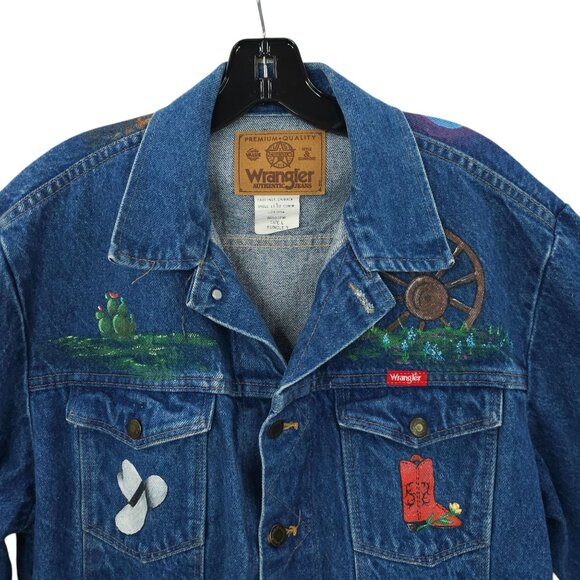 Wrangler Western Denim Jacket Womens Size L DIY Hand Painted Texas Cactus Boot - Picture 13 of 16